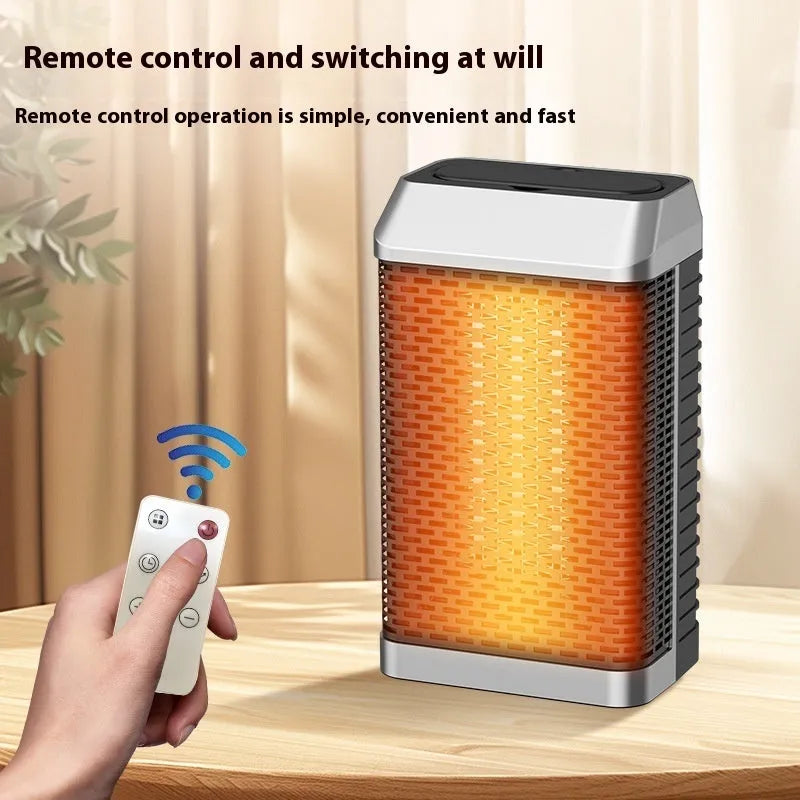 Black remote control desktop electric heater showing compact size and control panel