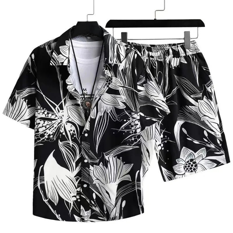 Men's digital print casual suit featuring a short sleeve cardigan and matching elastic polyester shorts.