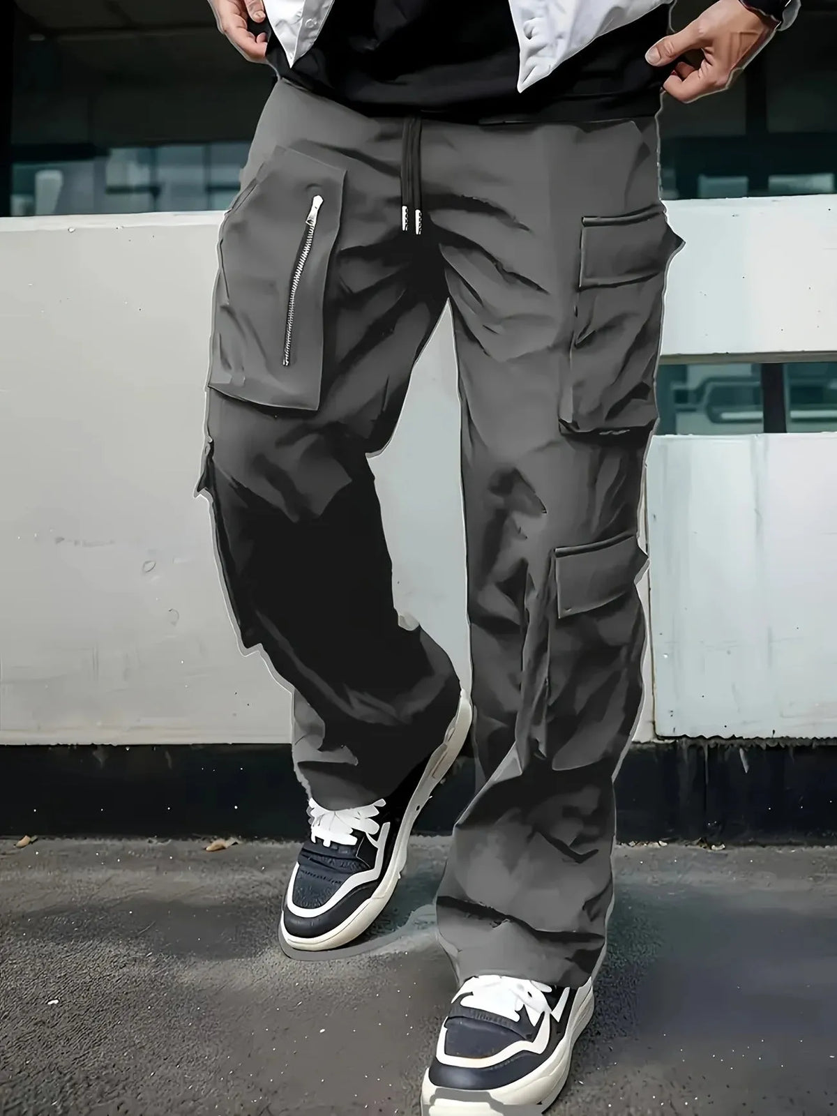 Slim-fit multi-pocket work pants in polyester, spring and autumn outdoor casual trousers, black grey green khaki