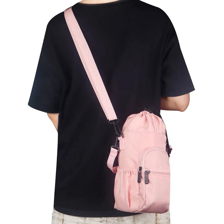 Cloth water bottle crossbody shoulder bag in black, green or pink colours with adjustable strap