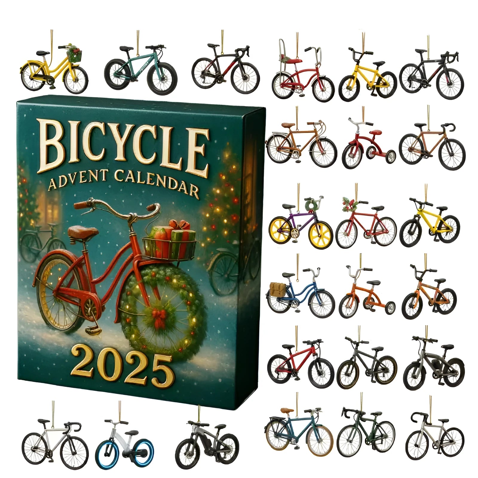 Acrylic advent calendar blind box Christmas tree pendant with cartoon bicycle design