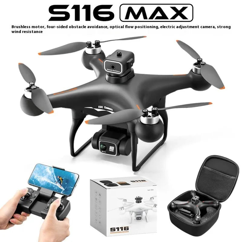 Black S116 brushless toy UAV drone with four propellers, shown with its remote control.