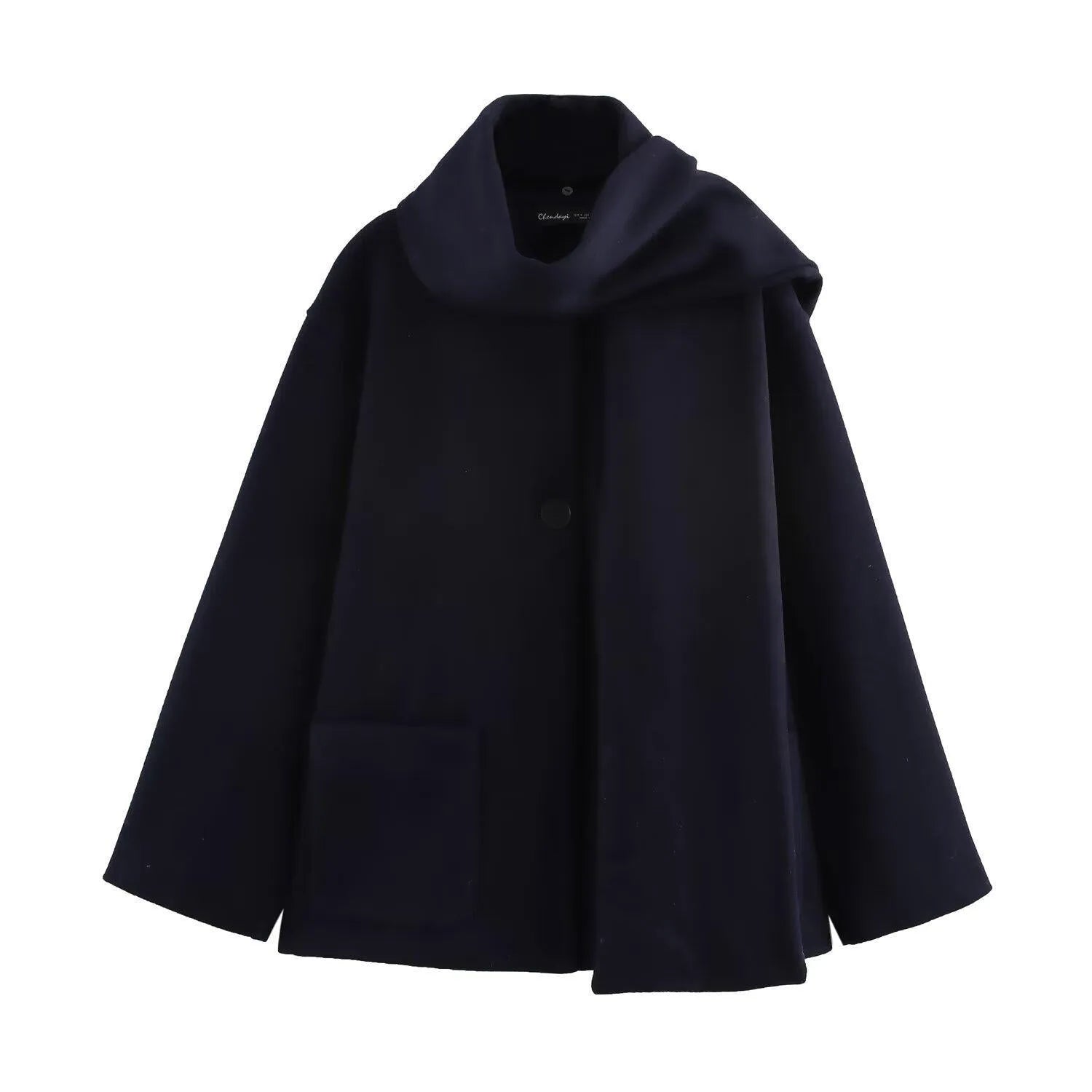 Women's long black coat with a grey artificial fur collar and front pockets.