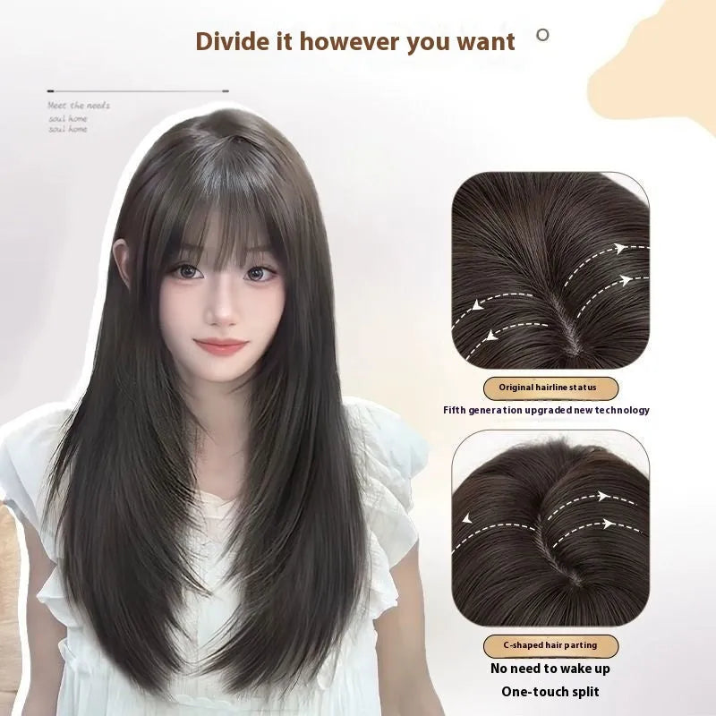 Full-head synthetic wig with integrated hair net in long straight high-layered style