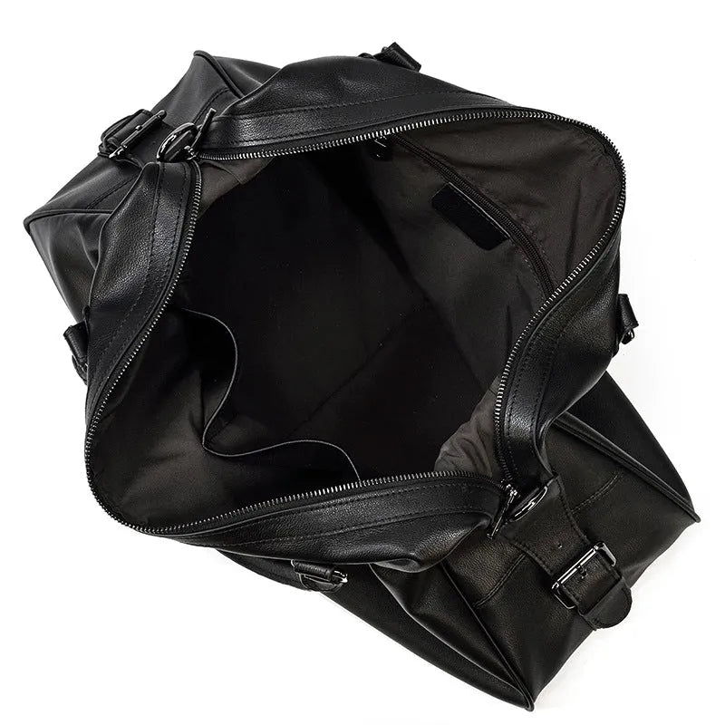 Men's retro genuine leather travel bag in black, 50cm x 18cm x 28cm large capacity holdall for business travel