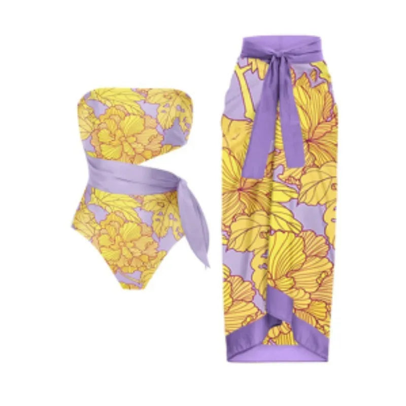 Siamese conservative belly covering one-piece bikini swimsuit with French retro pattern in Y2 stone colour for women