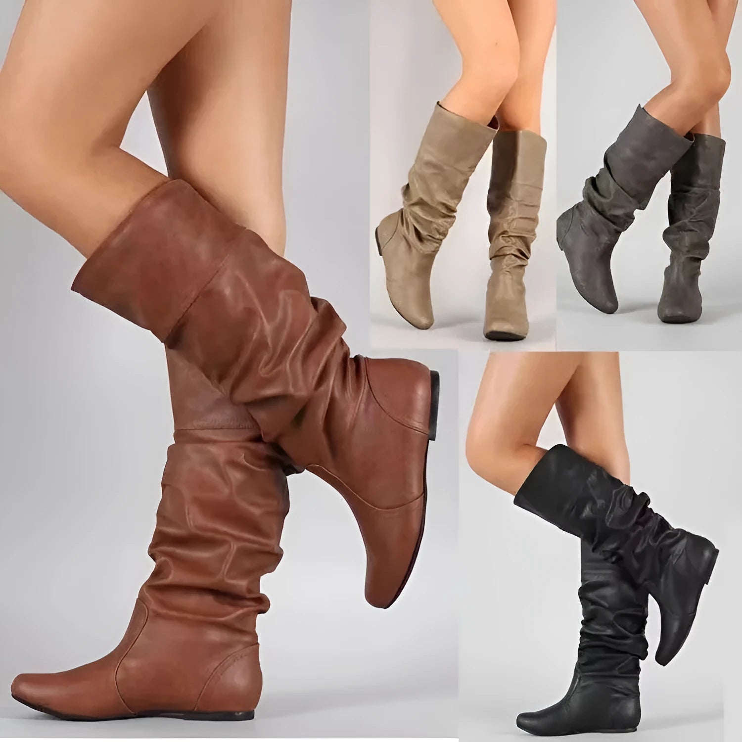 Women's flat heel long slip-on boots in black with round toe and high cylinder design
