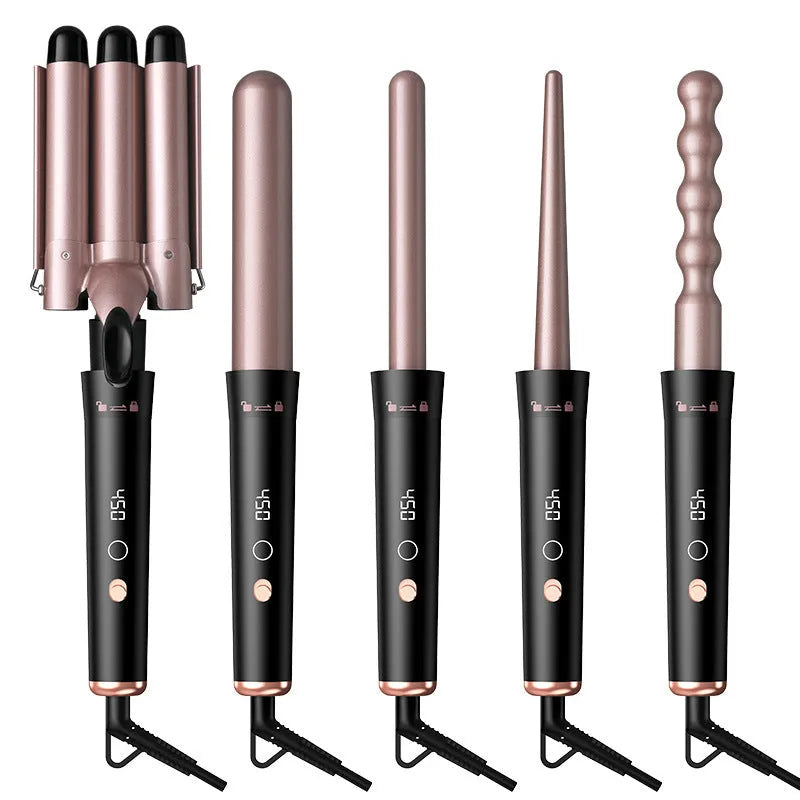 Rose gold hair curler with LCD screen and multiple international power specifications