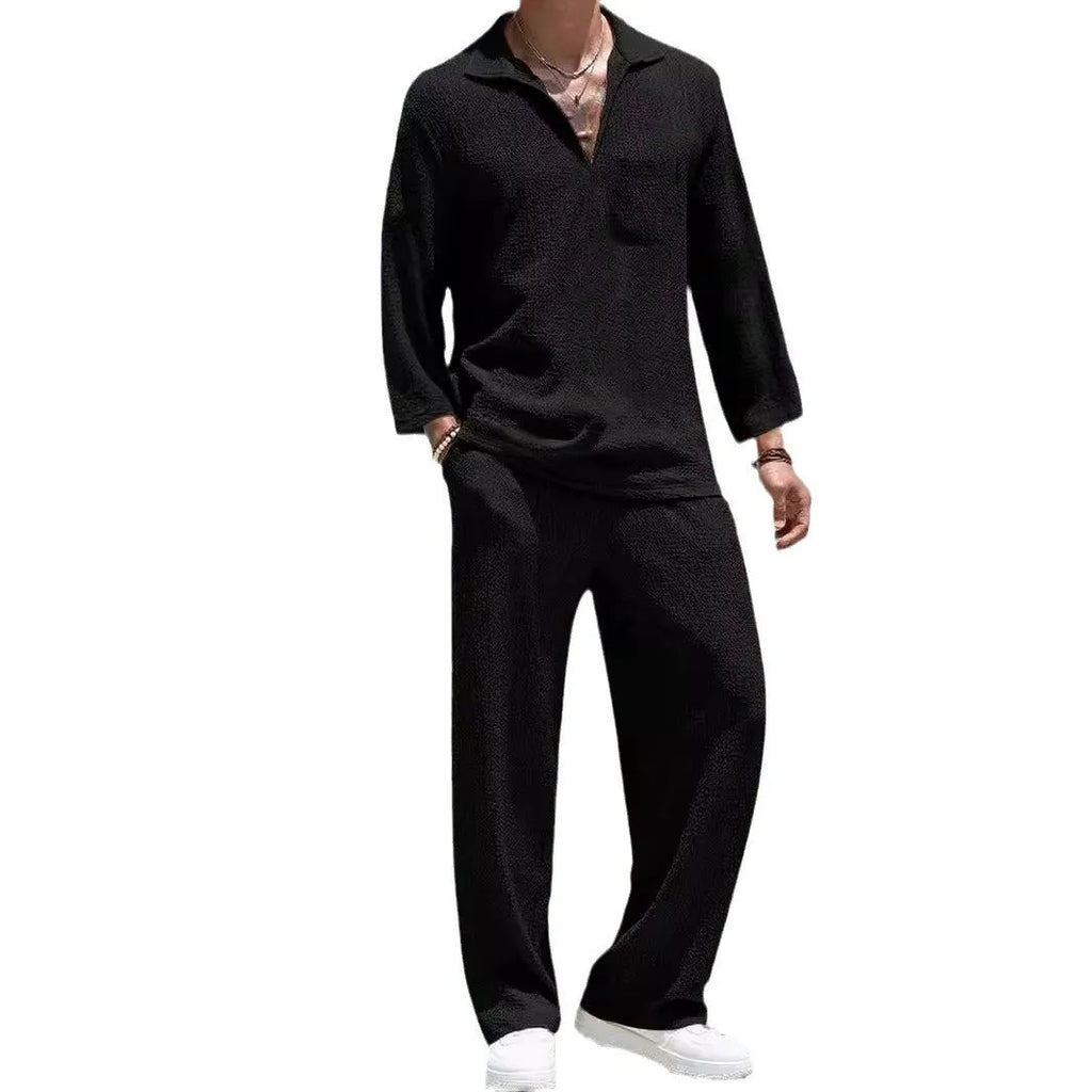 Men's casual shirt and trouser suit set in polyester fabric, shown in lake blue colour.