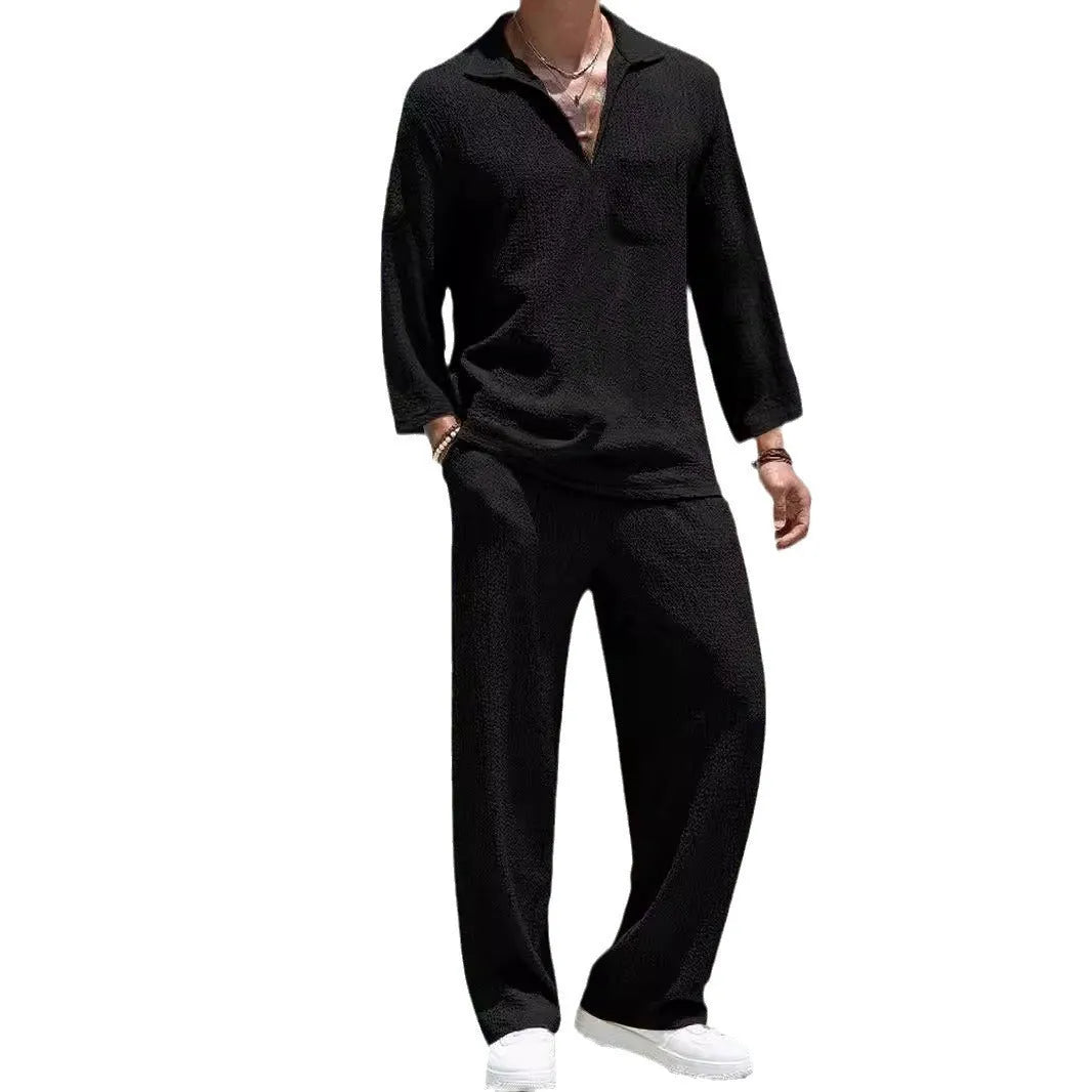 Men's casual shirt and trouser suit set in polyester fabric, shown in lake blue colour.