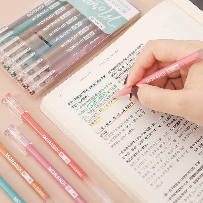 Nine gel pens in plastic case with retro Japanese colours including Nordic, salt, and sweet series themes