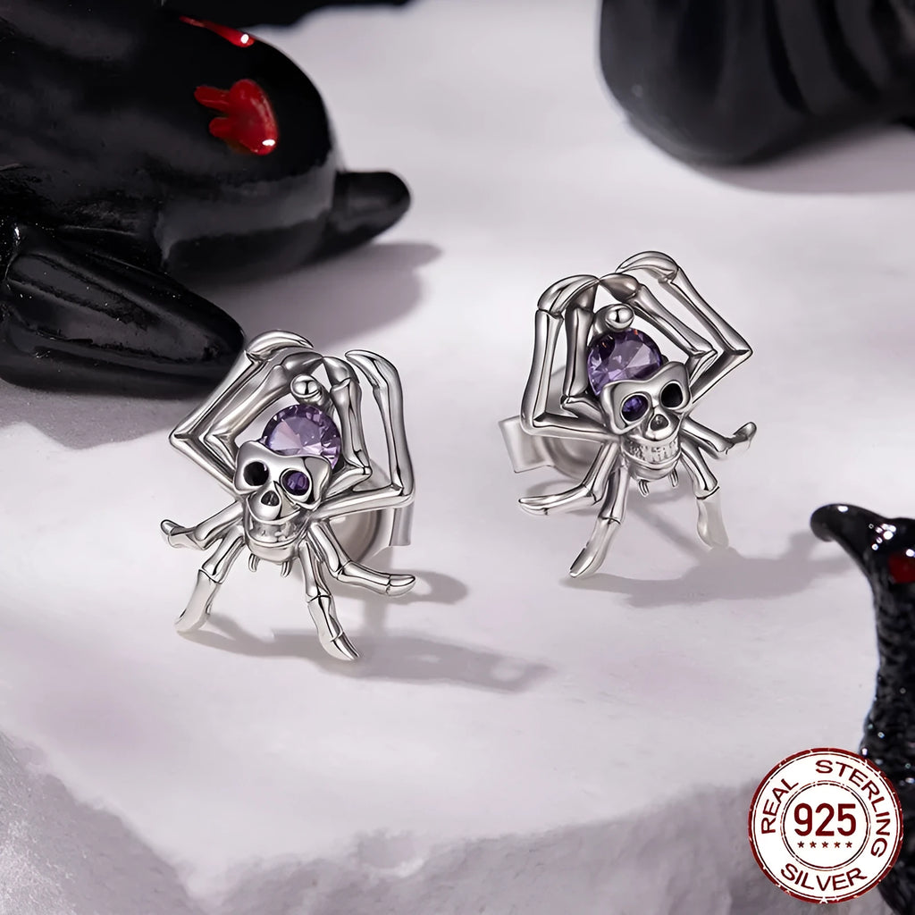 Pair of Halloween skull spider stud earrings in 925 sterling silver with zircon inlay, colour SCE1964