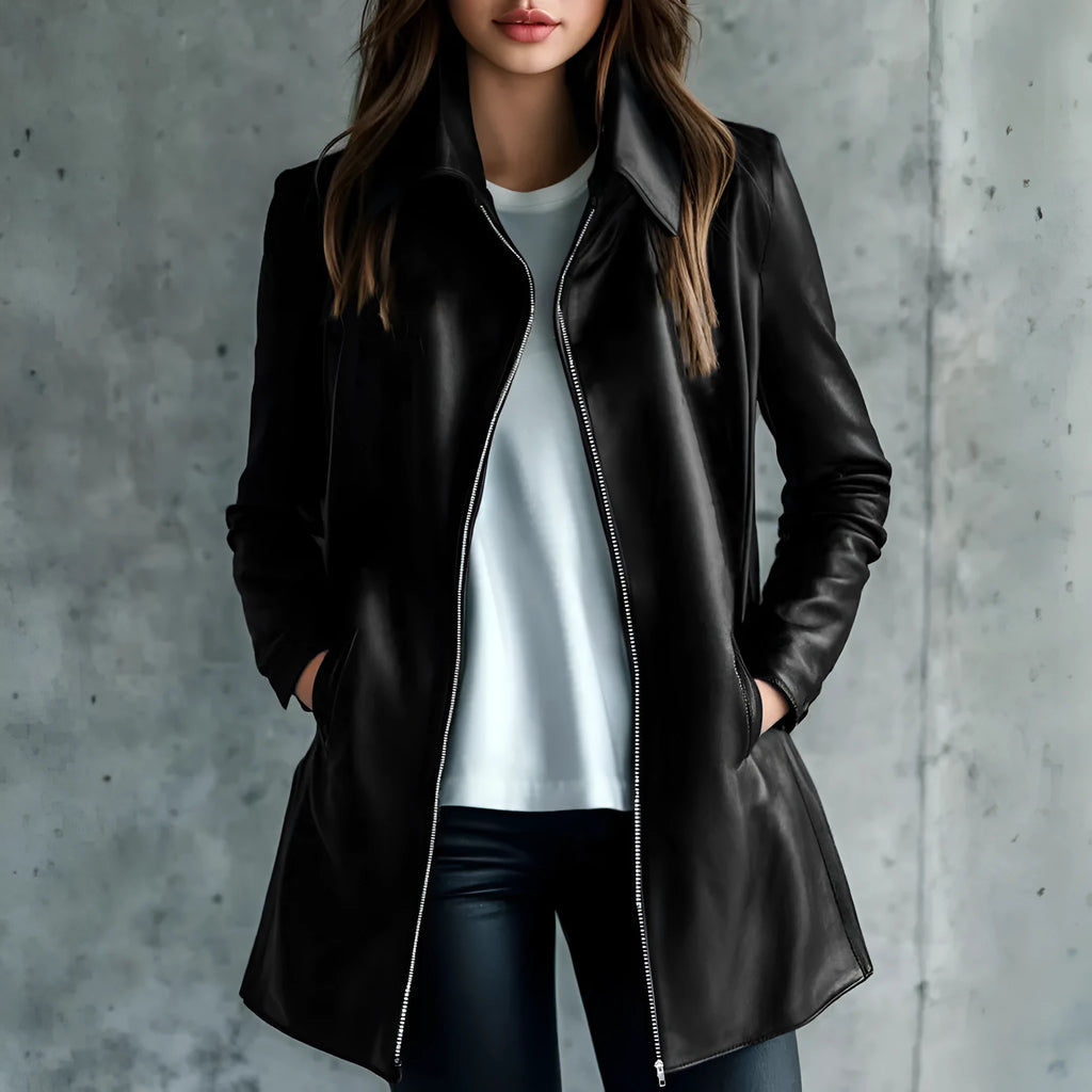Women's black polyester leather jacket with medium length cut and long sleeves