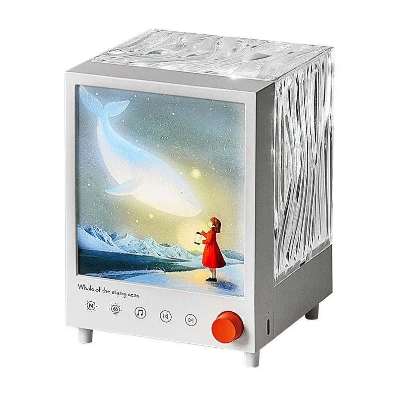 Aurora Treasure Box atmosphere projection lamp with Bluetooth speaker showing Star Sea Whale light theme