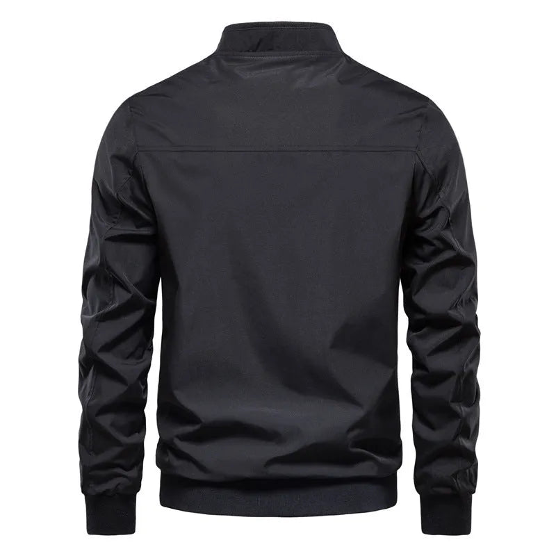 Men's thin casual jacket in polyester fabric showing solid colour design with size options S to XXL