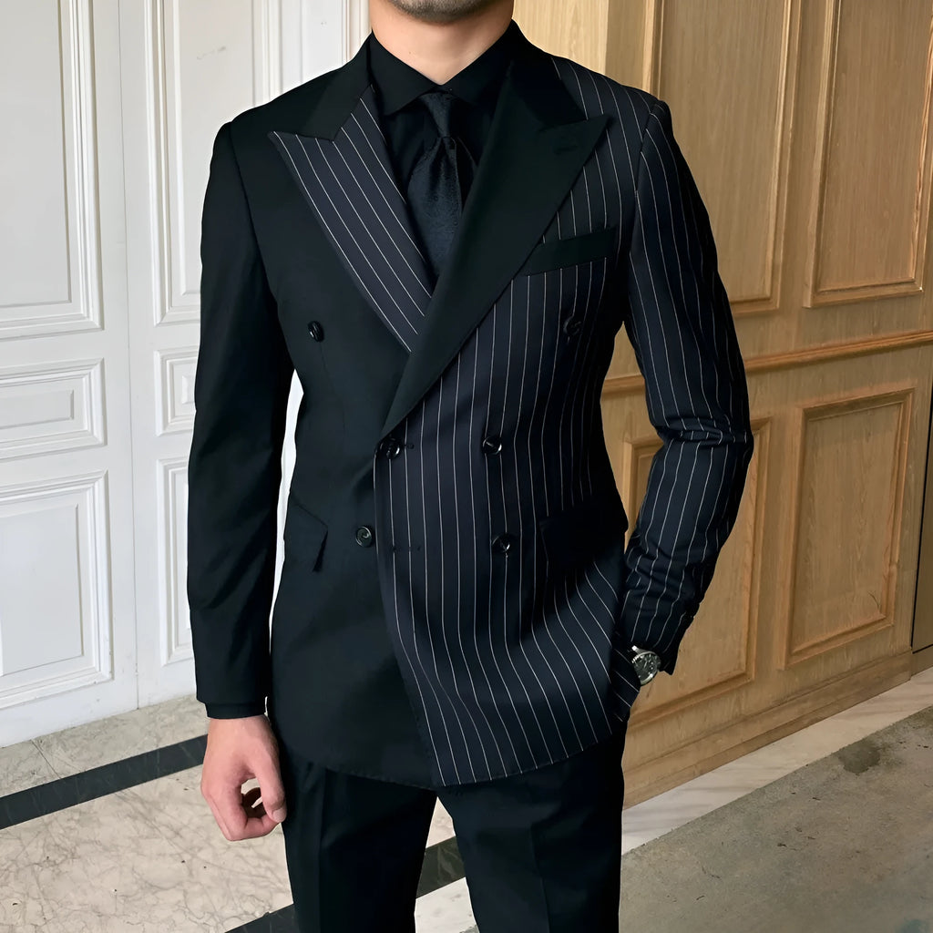 Black striped double breasted men's blazer with regular collar, double slits, sizes M to 3XL