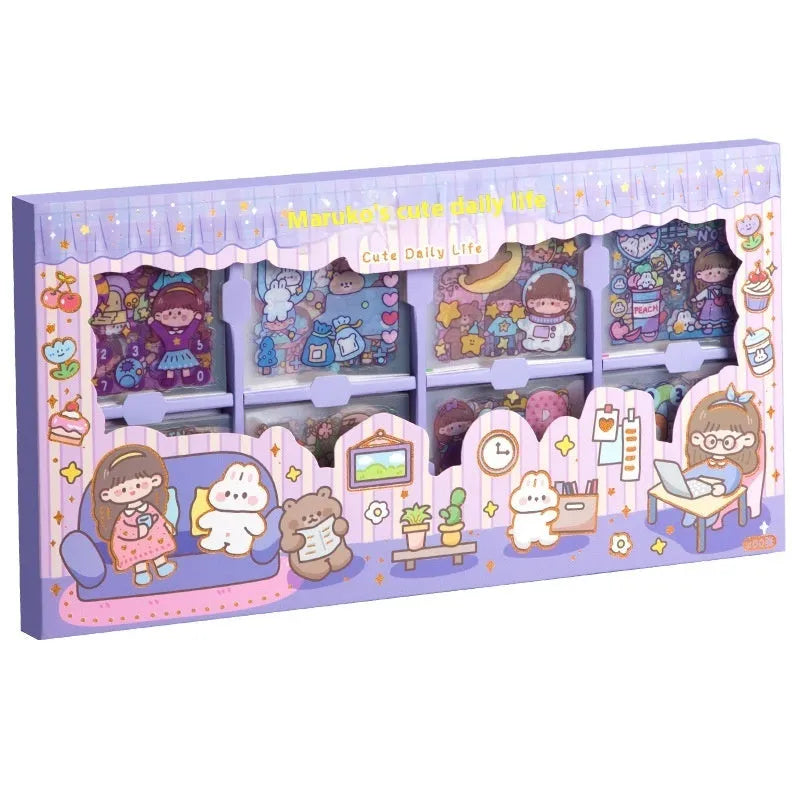 Box containing five sheets of children's stickers with cute themed designs