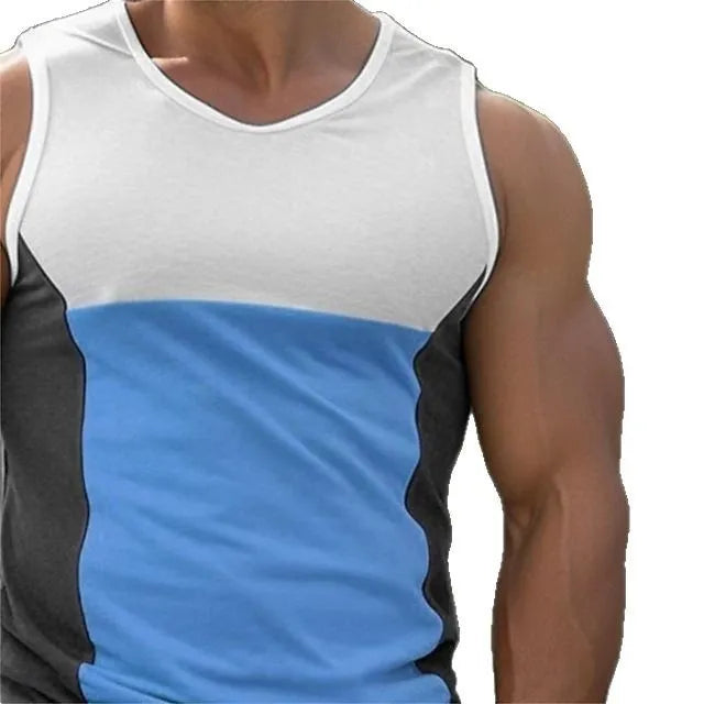 Men's blue contrast colour sleeveless sports vest for running and fitness.