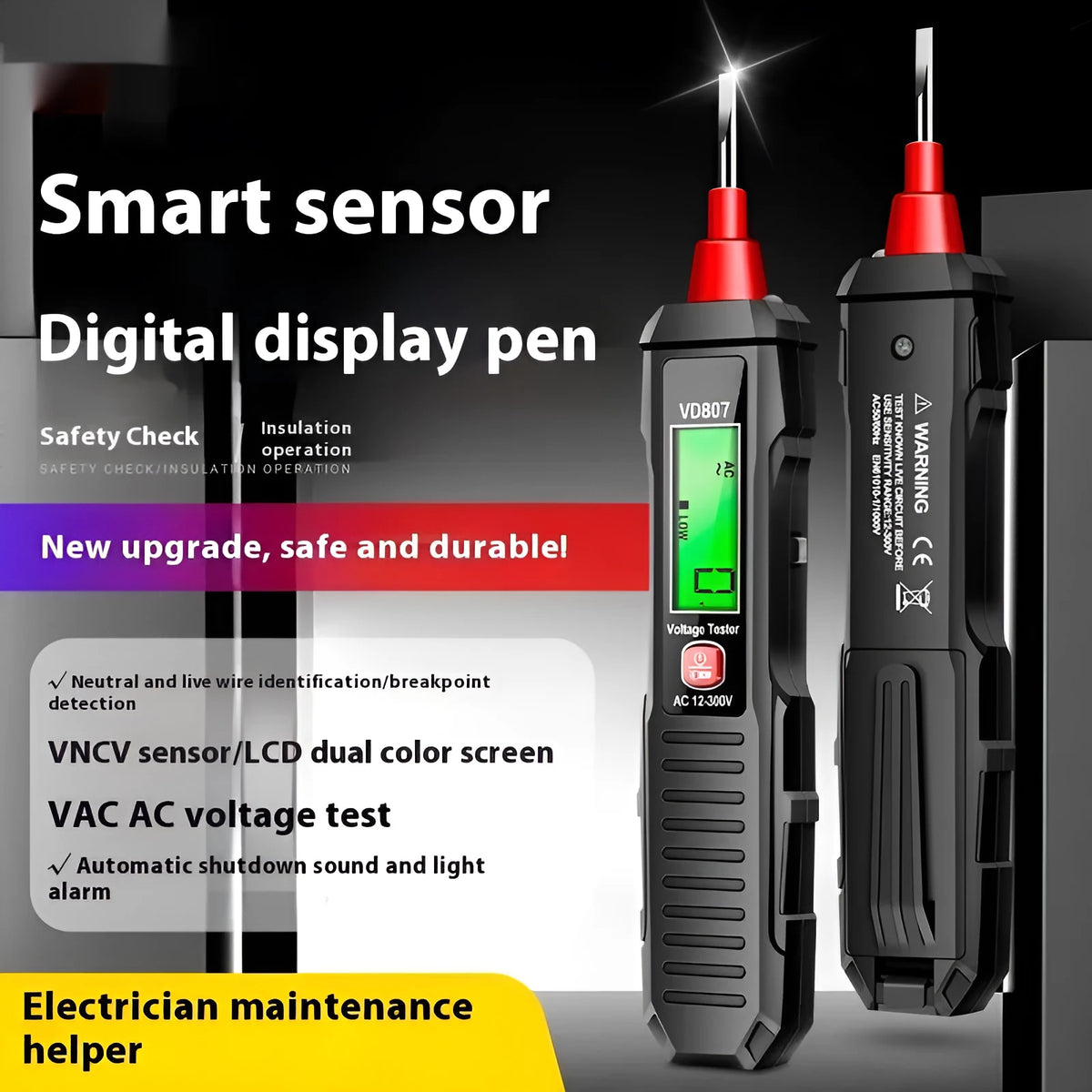Black and red digital voltage testing pen with LCD display for electrical measurement