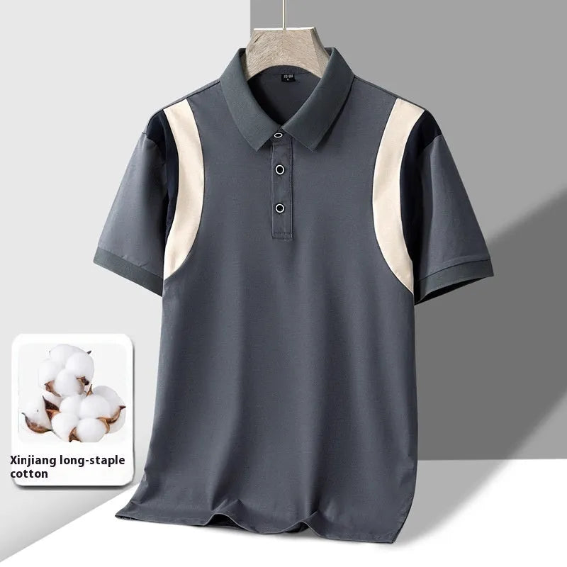 Man wearing a thin grey striped cotton T-shirt with a business lapel collar and short sleeves.