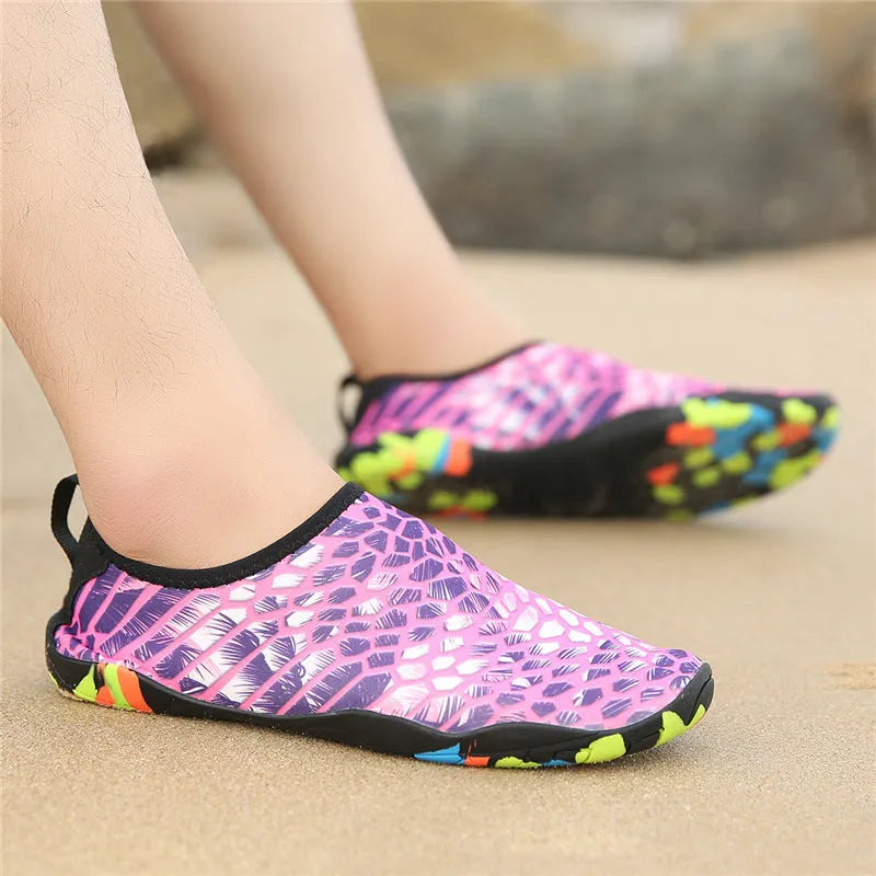 Lycra fabric beach wading shoes with EVA midsoles for men and women, shown in multiple colours