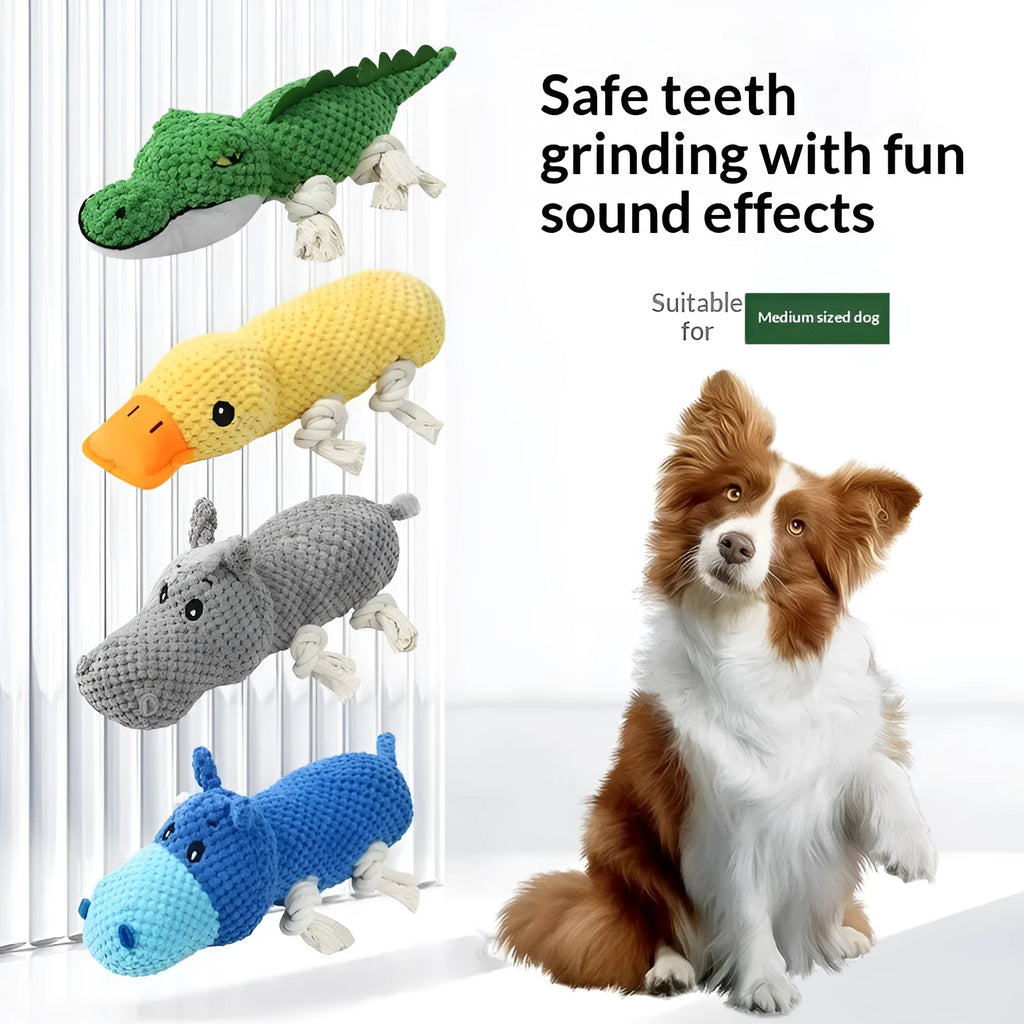 PVC chewing and teeth-cleaning plush pet toy with sound, available in crocodile, donkey, hippo and yellow duck styles