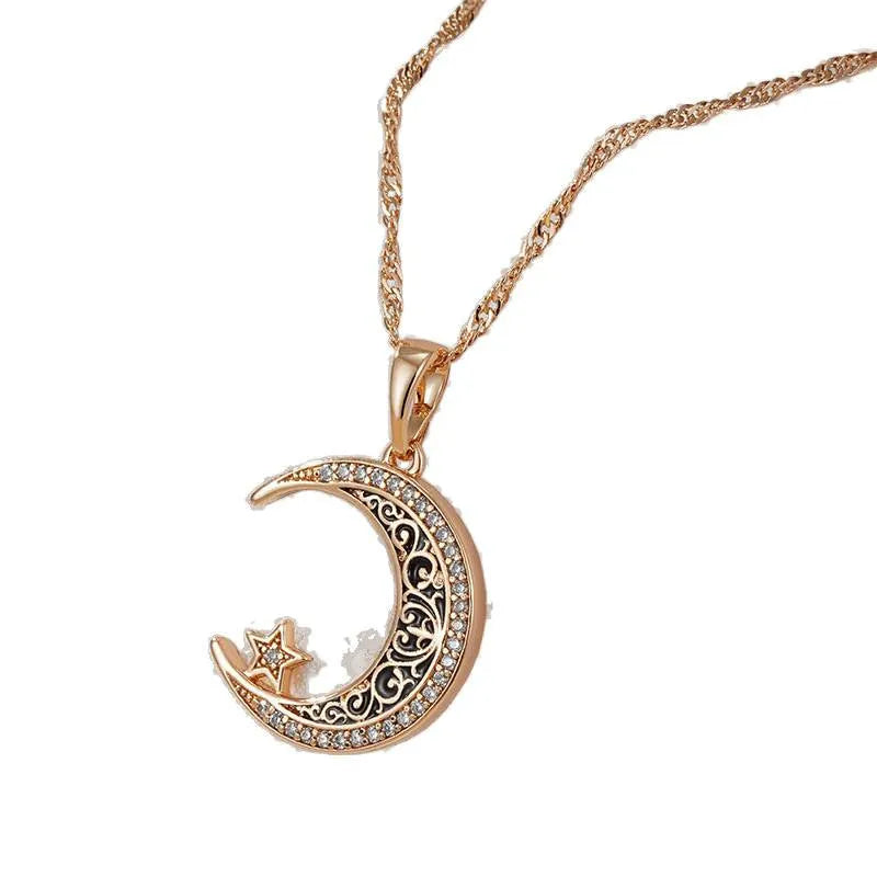 Rose gold star and moon necklace with zircon stones on adjustable water wave chain