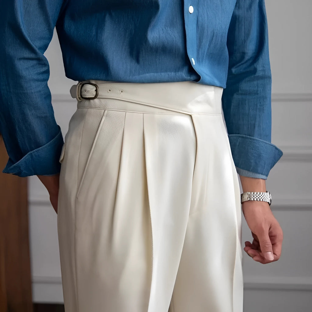 Men's high waist straight casual trousers in black polyester fabric.