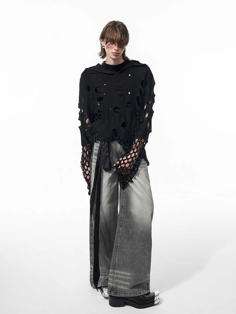 Black men's hooded sweater with pearl decorative detailing, loose fit with pullover closure