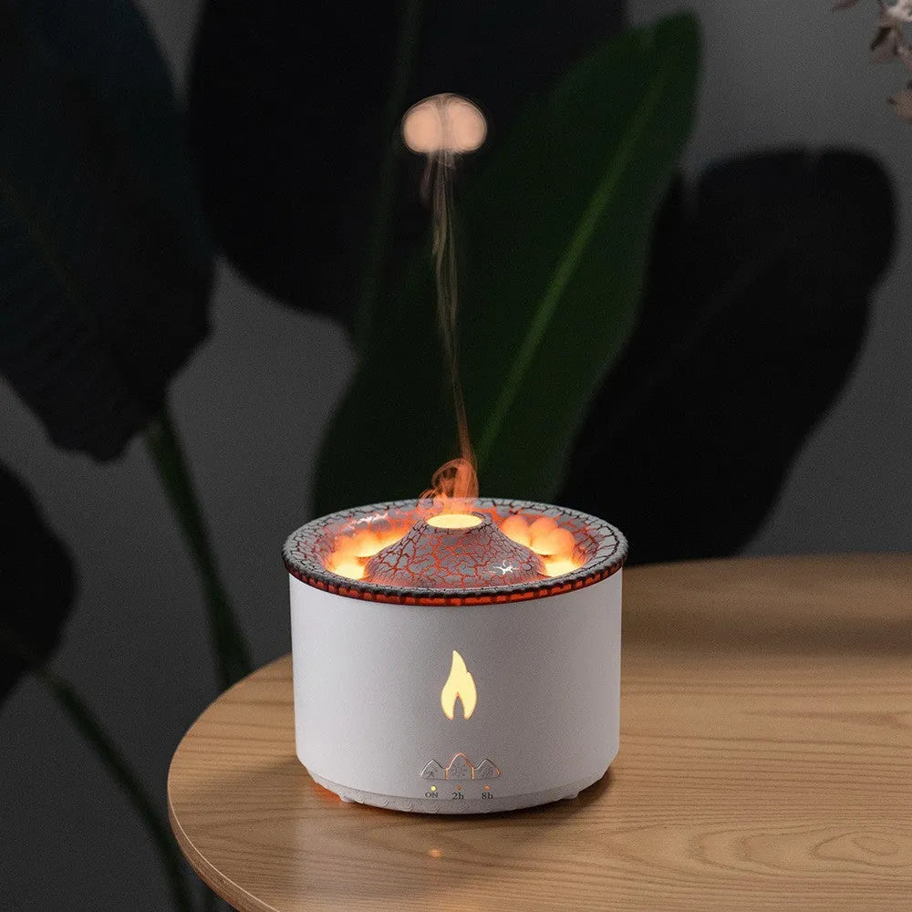 Volcano humidifier with two-colour flame effect spray ring and round plastic housing