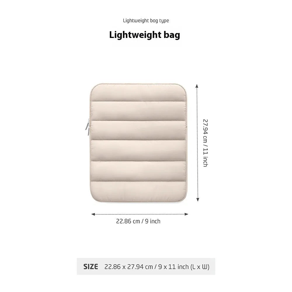 Puff bag laptop sleeve in black, khaki, or silver for 9.7 to 11 inch devices, showing fluffy padding and elastic sides.