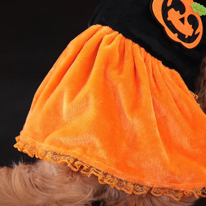 Halloween pumpkin skirt pet costume for small dogs in crystal velvet fabric with size options