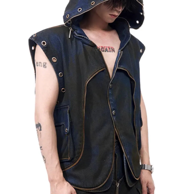Blue hooded denim vest coat and matching trousers Korean style outfit set