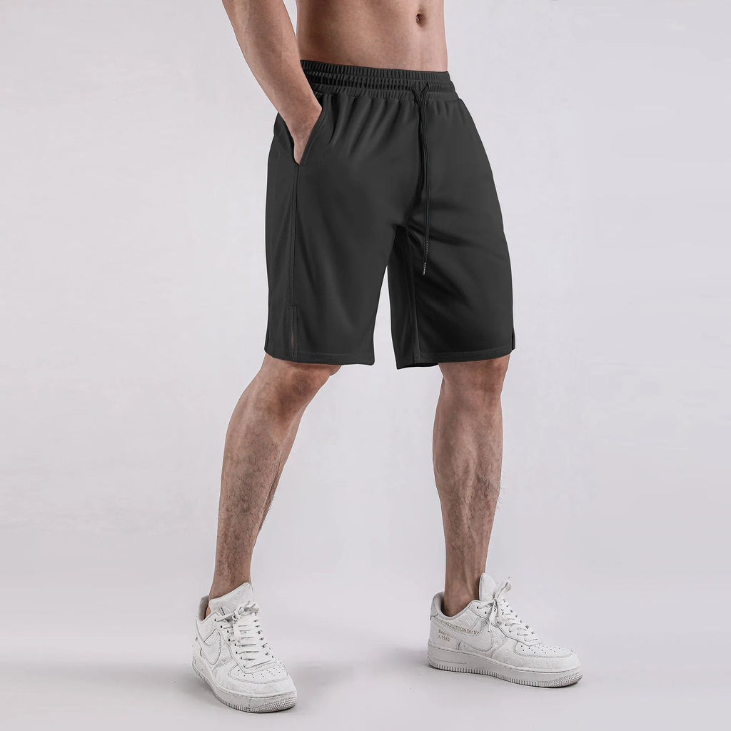 Men's black quick-drying mesh shorts with elastic waistband and loose casual fit