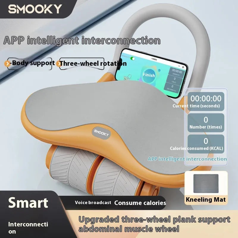 Black three-wheel abdominal exercise wheel with automatic rebound mechanism beside orange kneepad