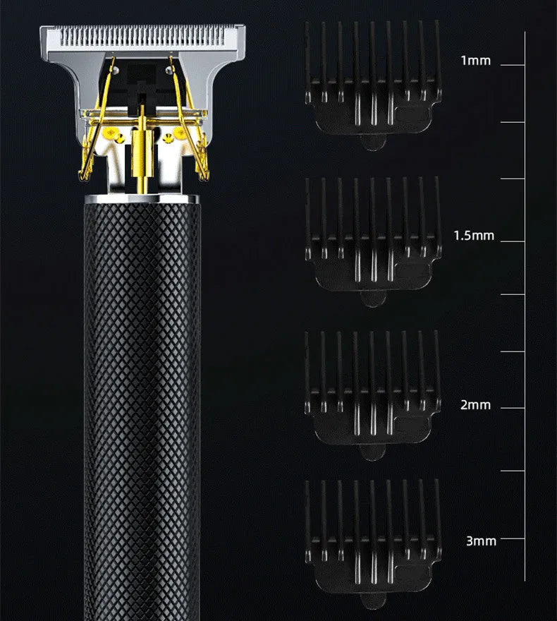 Black USB rechargeable electric hair clipper with gold steel blades and four comb attachments