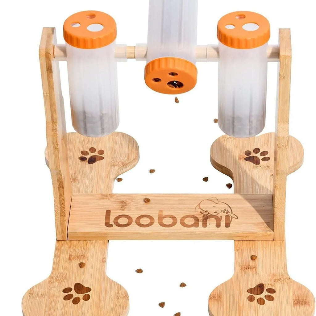 Wooden dog puzzle toy interactive snack dispenser feeder measuring 31x30x20cm dimensions