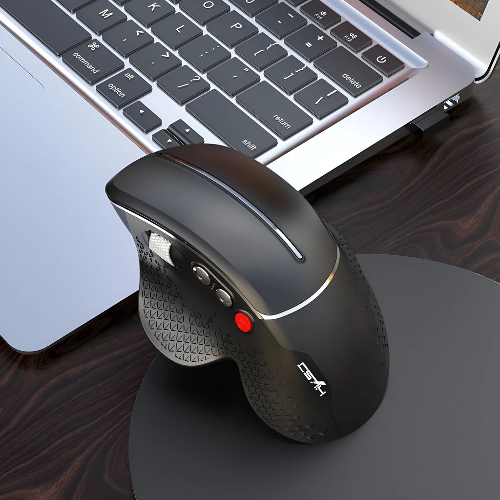 T32 Wireless Vertical Mouse in black or silver matte with aluminium side roller and USB receiver.