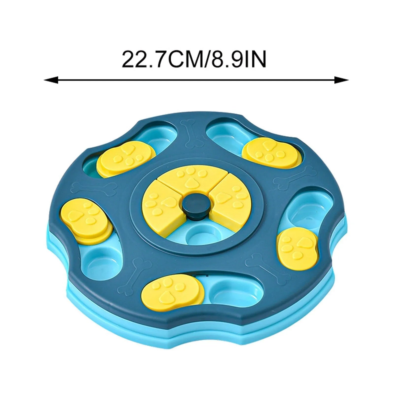 Blue and pink dog puzzle toy showing food bowl and interactive searching game design for aggressive chewers.