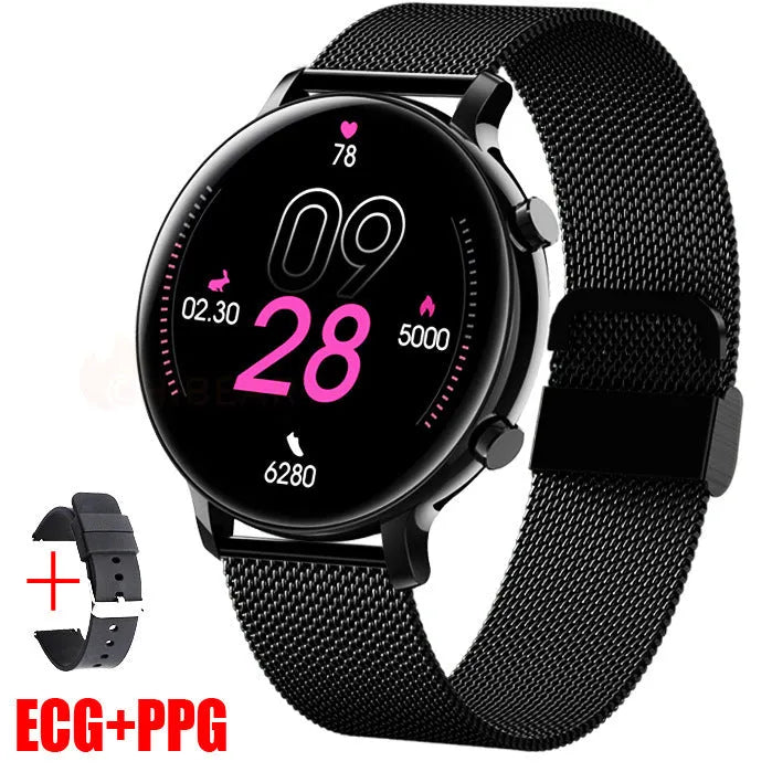 Bluetooth smartwatch with stainless steel strap on wrist, showing call and heart rate interface.