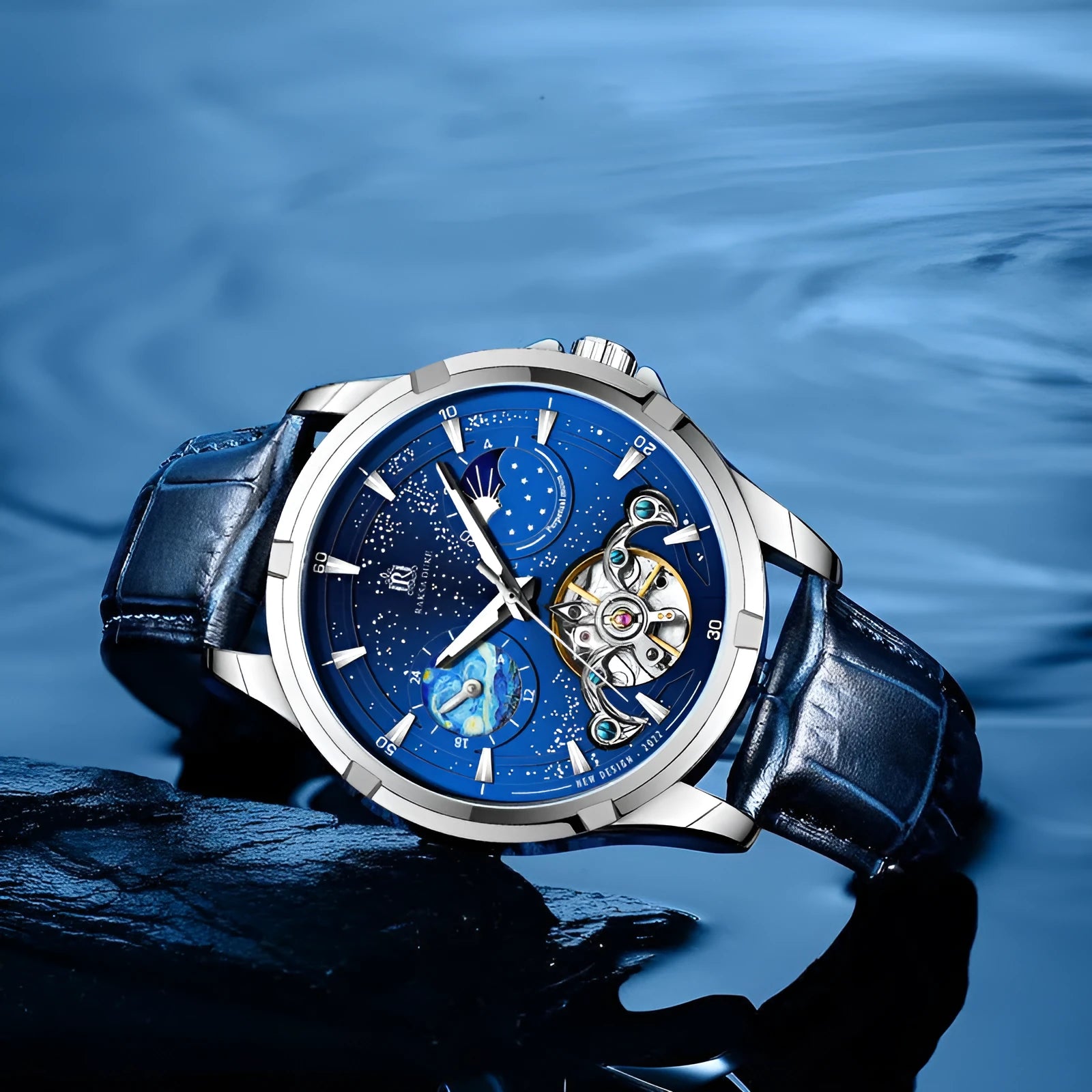 Men's blue automatic mechanical watch with metal bracelet showing side profile with 14mm thickness