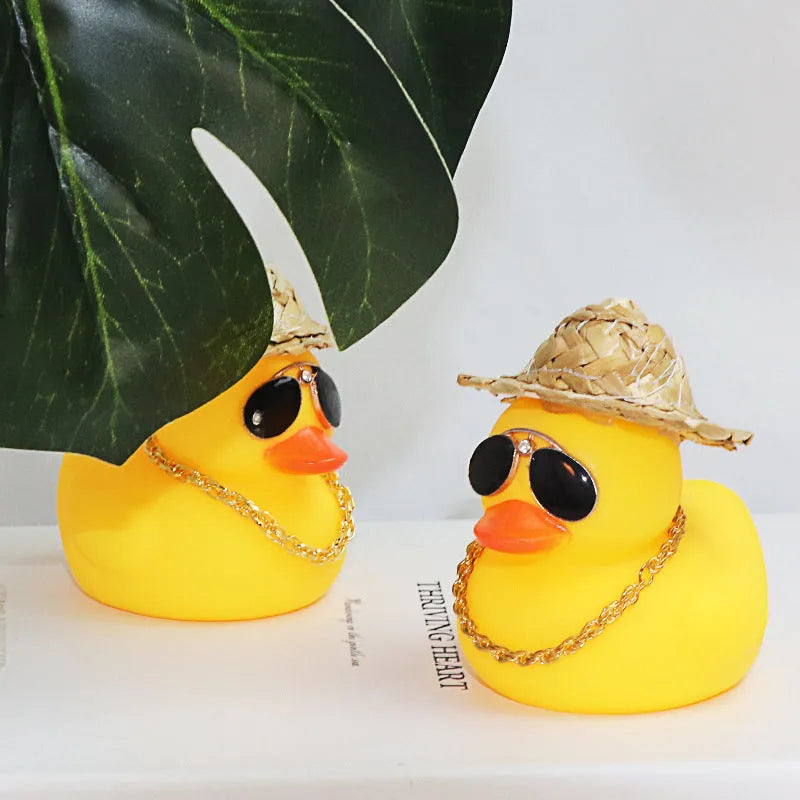 Cartoon straw hat yellow duck car decoration ornament with matte finish and sunglasses necklace