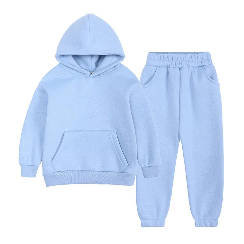 Children's cotton fleece hooded sweatshirt and trousers set in solid colour, sizes 90cm to 160cm