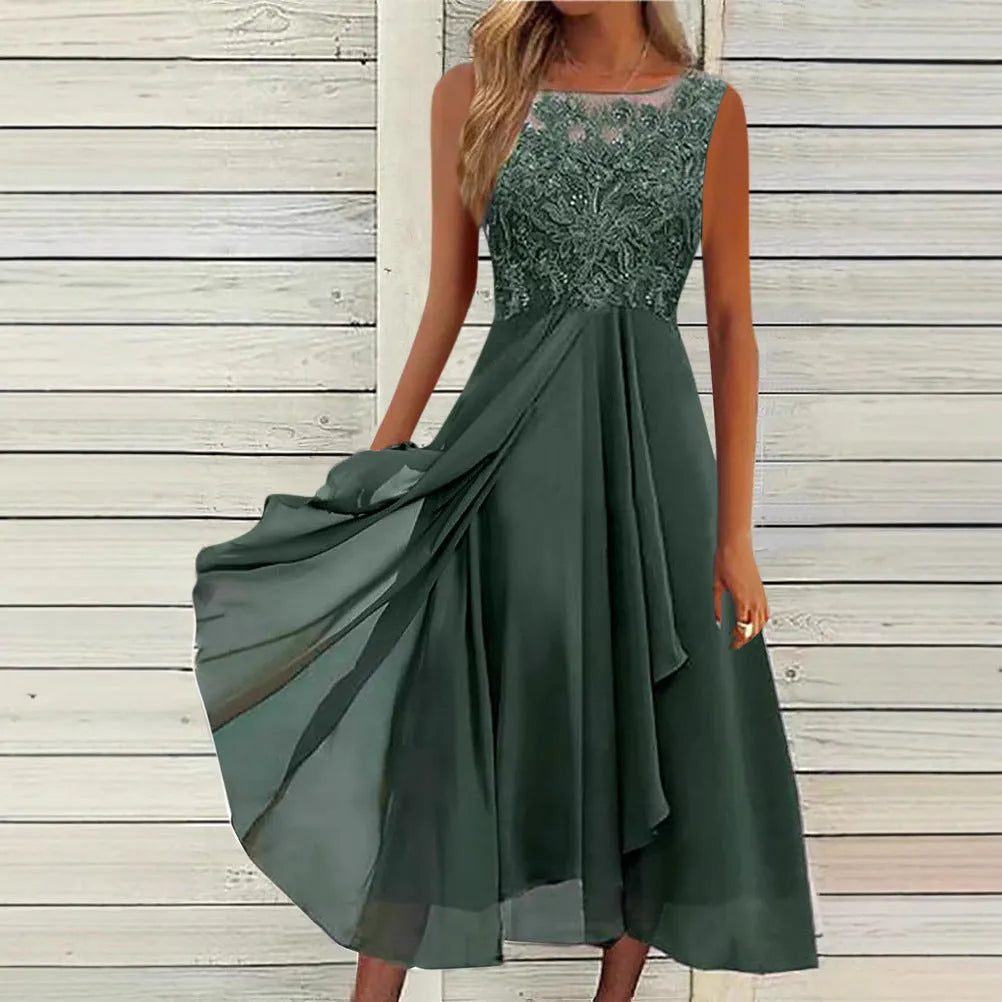 Women's sleeveless chiffon dress with lace stitching detail in green colour