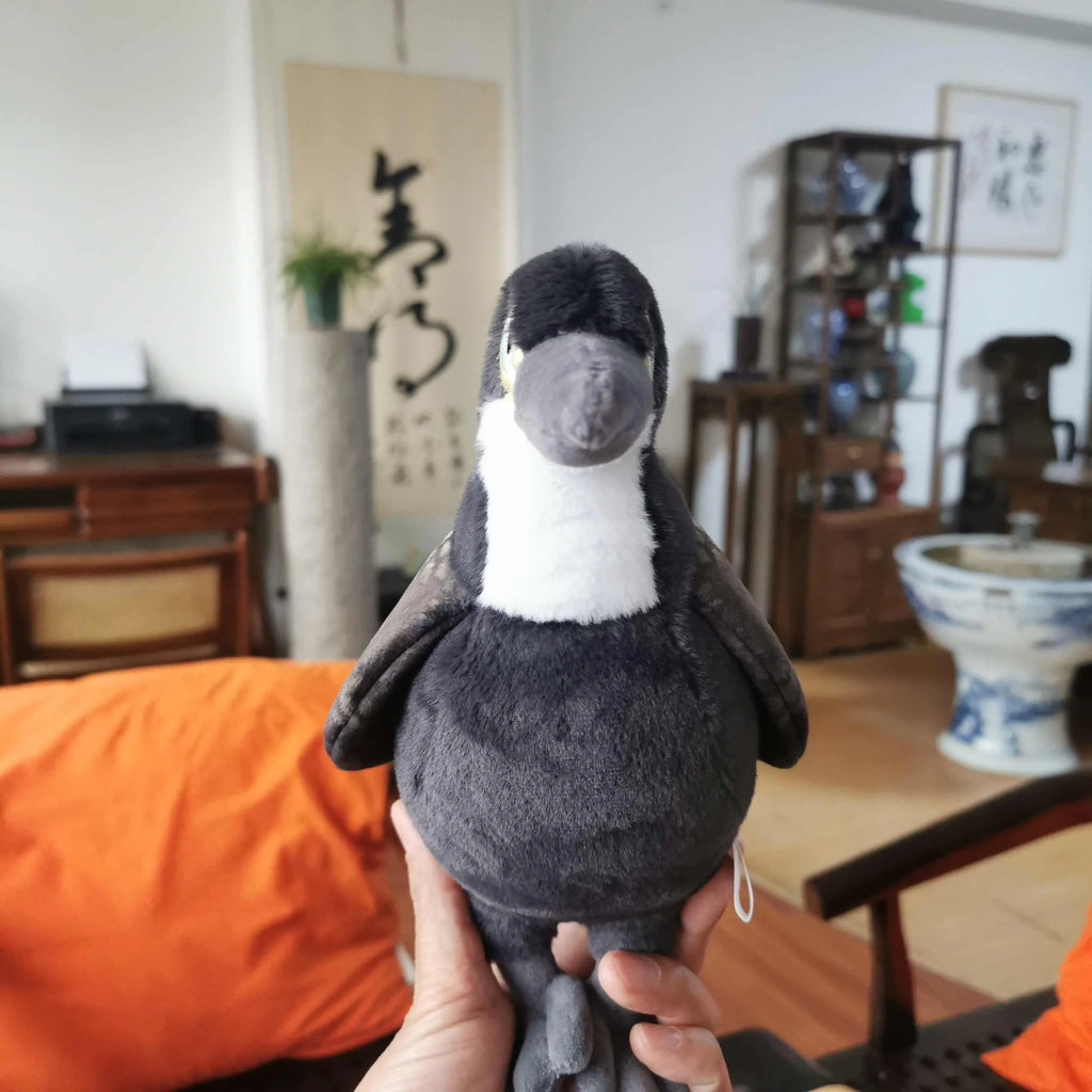 Guilin Lijiang cormorant medium plush doll in black and white, 27cm high, polyester fibre filled soft toy