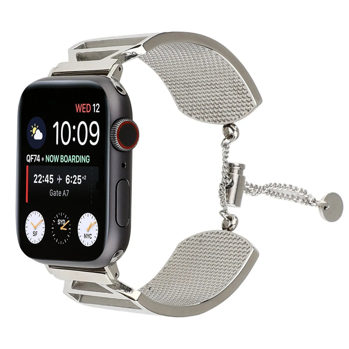 Metal embossed Apple Watch bracelet strap in gold, black, silver, and rose gold for 38/40/41mm and 42/44/45mm cases