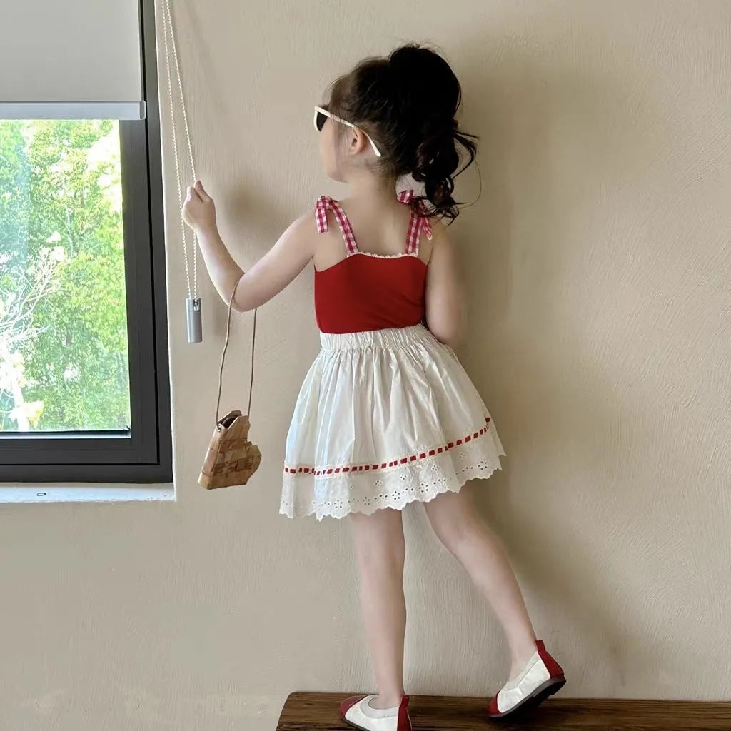 Girls cotton lace two-piece skirt suit in red with sleeveless top and matching skirt for summer