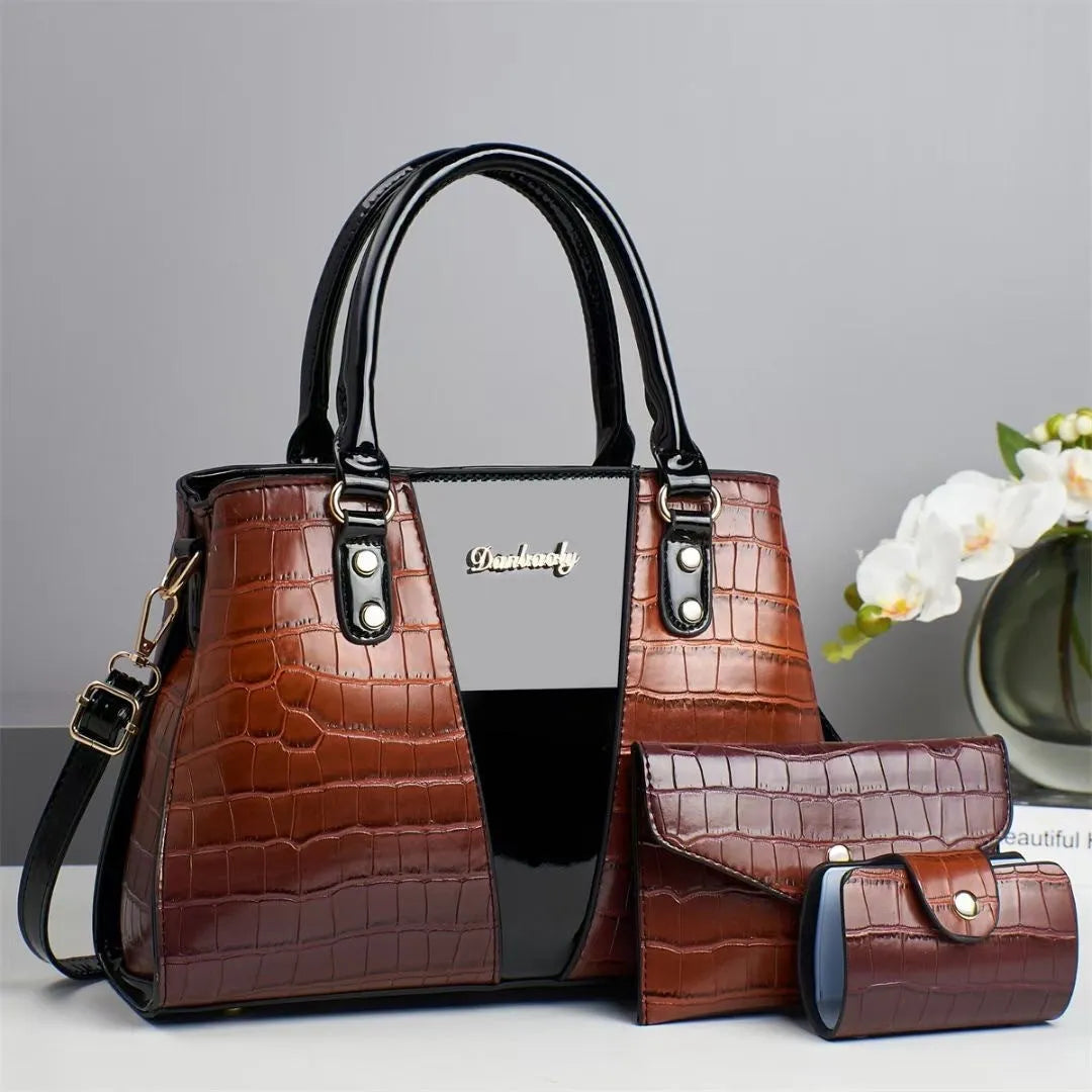 Women's crocodile stitch shoulder bag three-piece set in six colour options showing main bag with sandwich pocket