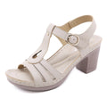Women's patent leather sandals with thick high heel and metal buckle fastening in three colour options