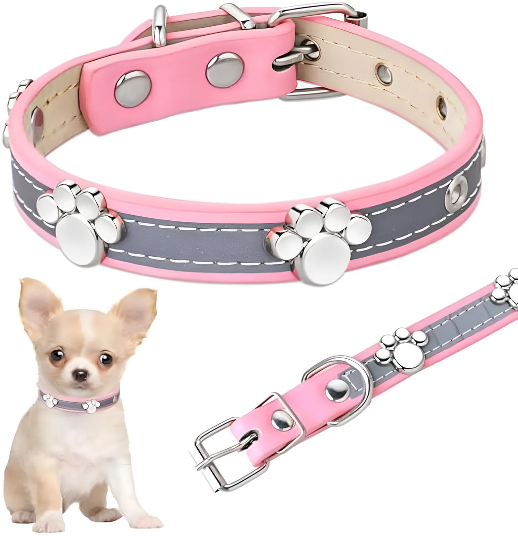 Reflective leather dog collar with a metal paw rivet, shown on an adjustable buckle.